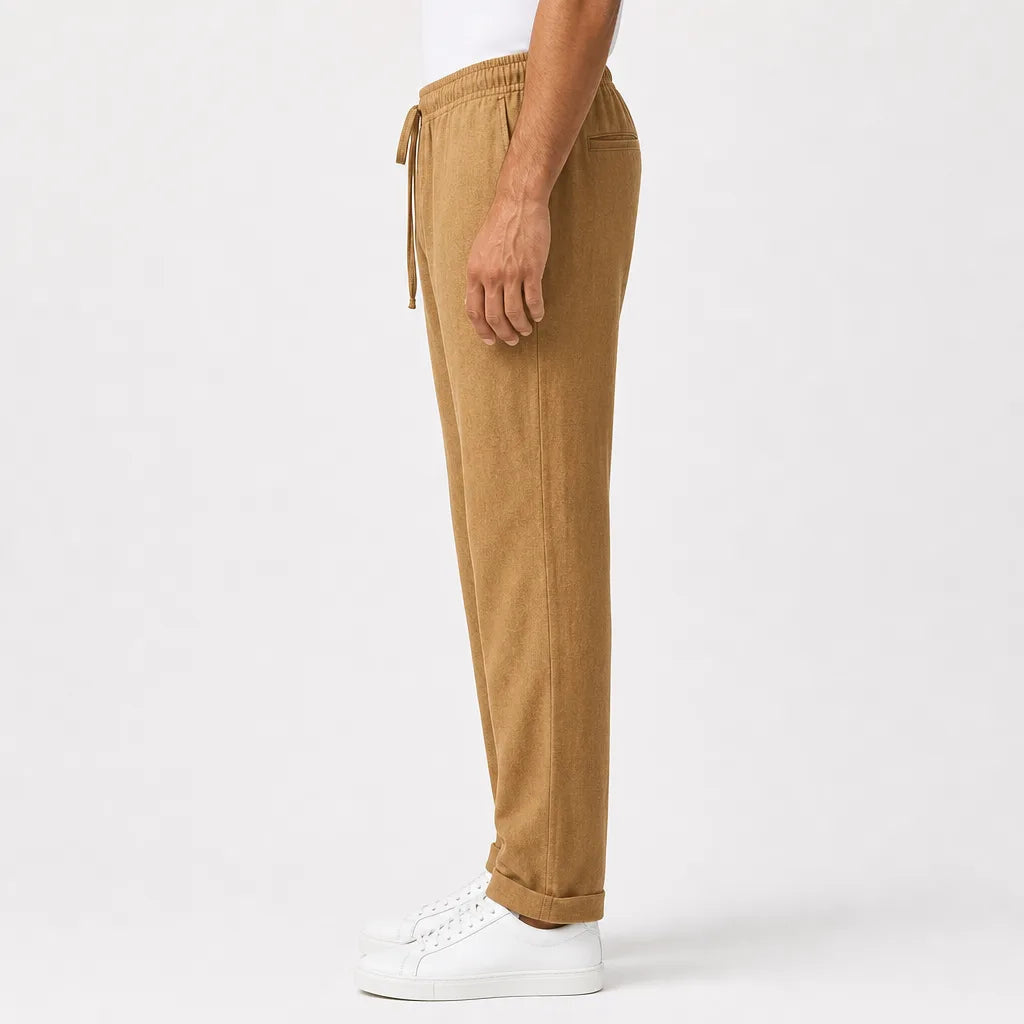 Men's Plain Straight Leg Pants with Elastic Waist - Beige