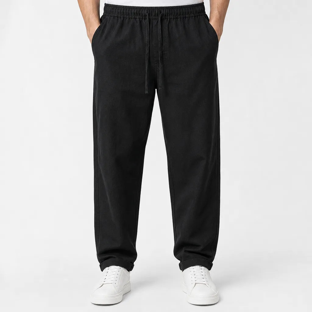 Men's Plain Straight Leg Pants with Elastic Waist - Black