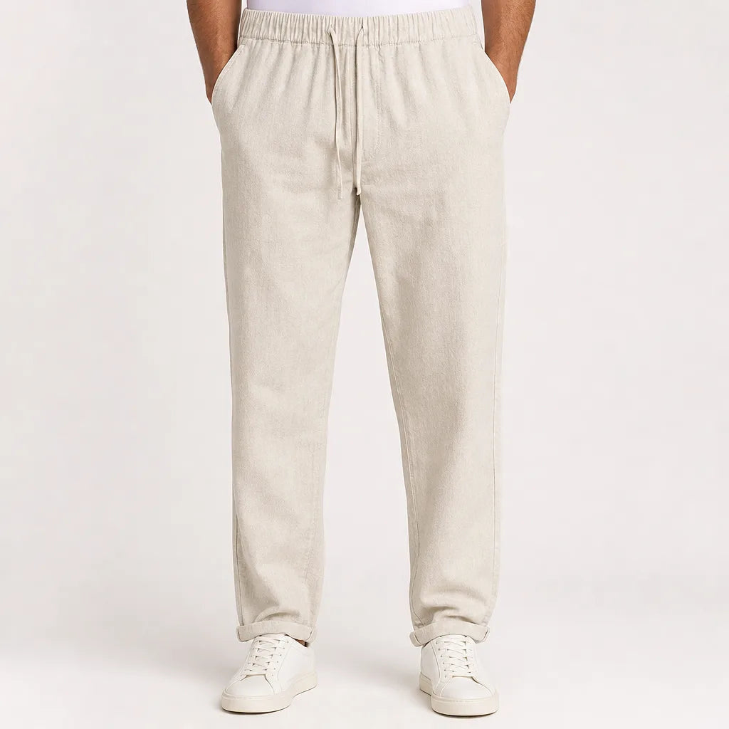 Men's Plain Straight Leg Pants with Elastic Waist - White