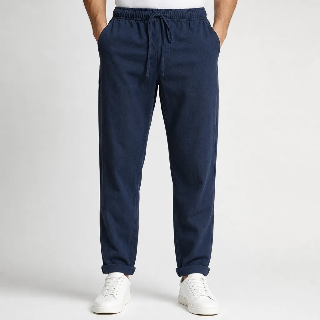 Men's Plain Straight Leg Pants with Elastic Waist - Blue