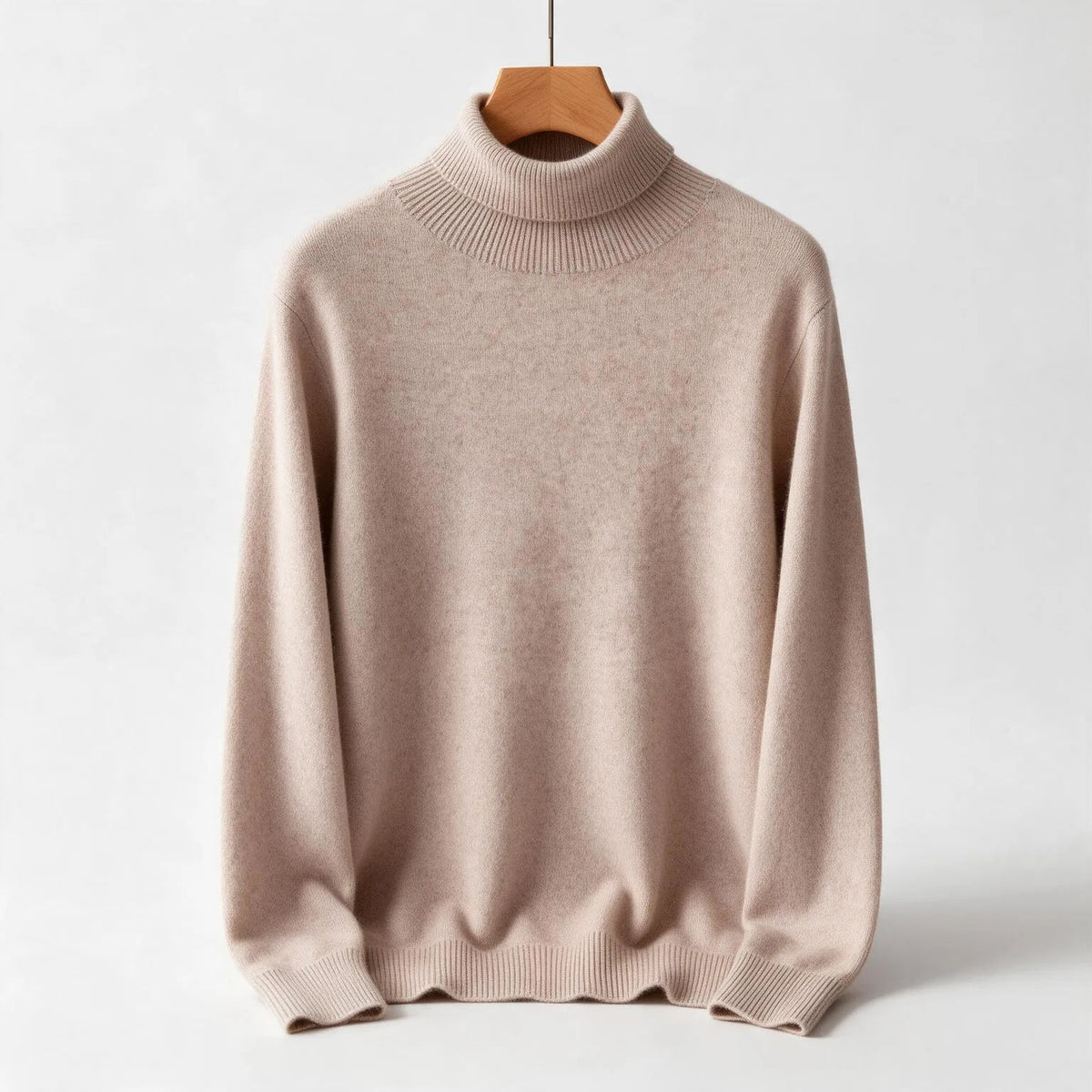 Men's Plain Turtleneck Sweater with Long Sleeves - Beige