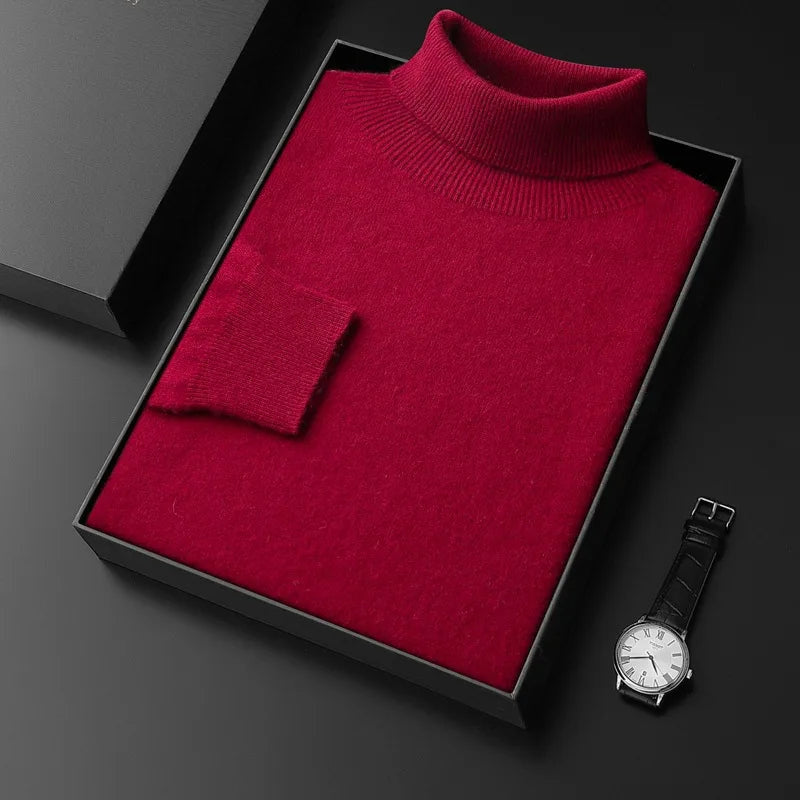 Men's Plain Turtleneck Sweater with Long Sleeves - Red