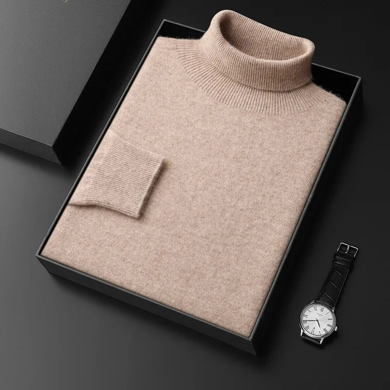 Men's Plain Turtleneck Sweater with Long Sleeves - Beige