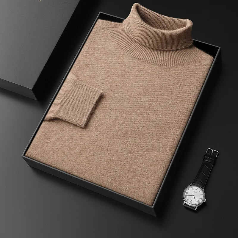 Men's Plain Turtleneck Sweater with Long Sleeves - Brown