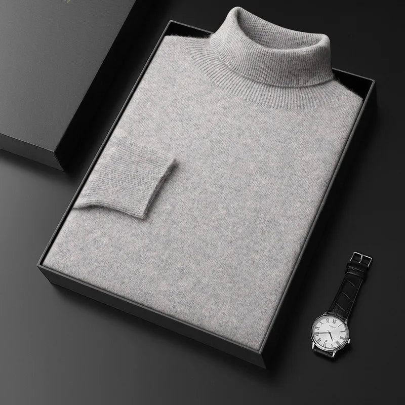 Men's Plain Turtleneck Sweater with Long Sleeves - Light Gray