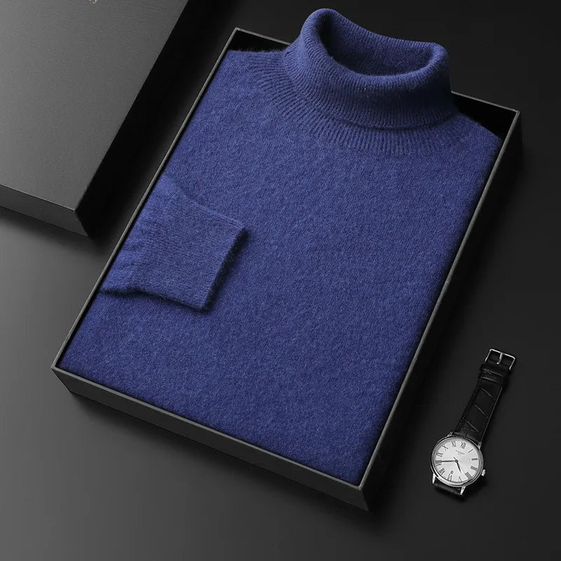 Men's Plain Turtleneck Sweater with Long Sleeves - Blue