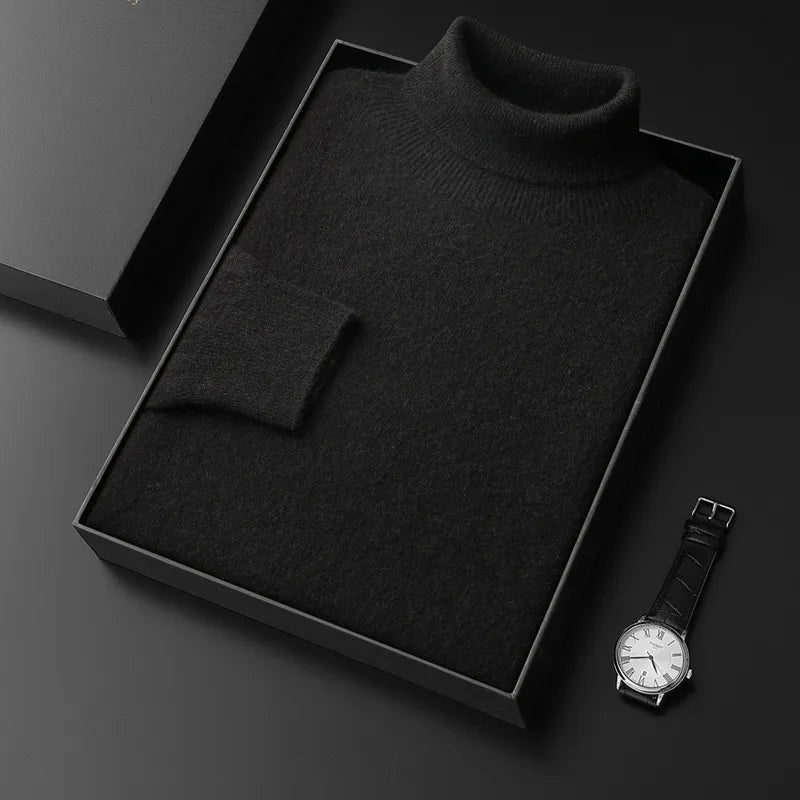 Men's Plain Turtleneck Sweater with Long Sleeves - Black