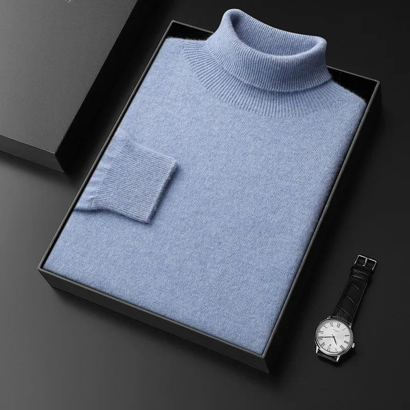 Men's Plain Turtleneck Sweater with Long Sleeves - Light Blue