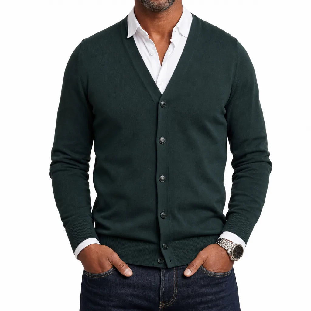 Men's Plain V-Neck Cardigan with Button Front - Green