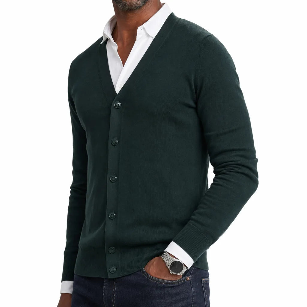 Men's Plain V-Neck Cardigan with Button Front - Green