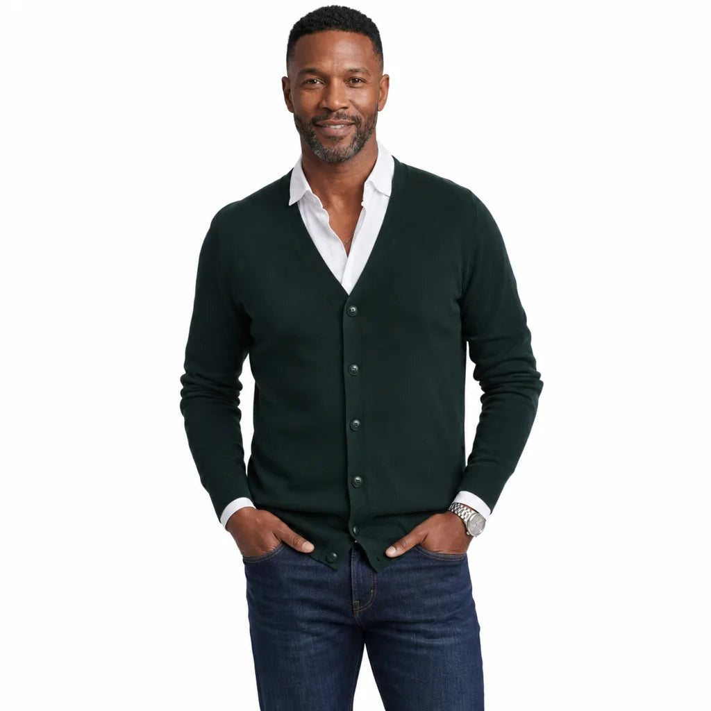 Men's Plain V-Neck Cardigan with Button Front - Green