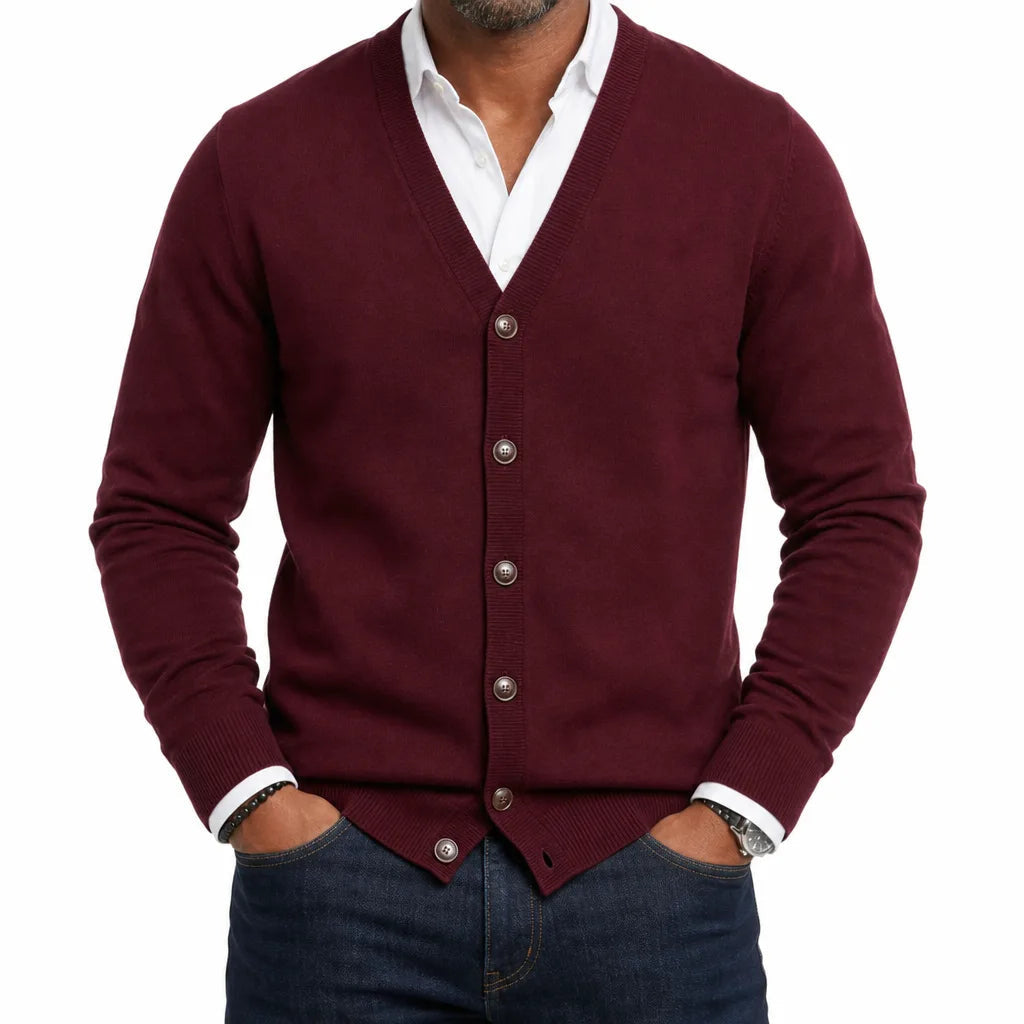 Men's Plain V-Neck Cardigan with Button Front - Red