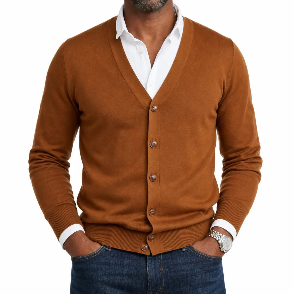 Men's Plain V-Neck Cardigan with Button Front - Brown