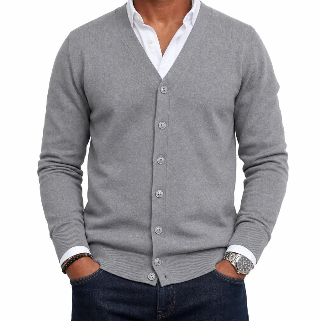 Men's Plain V-Neck Cardigan with Button Front - Gray
