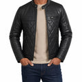 Men's Quilted Zip Jacket with Tab Collar and Chest Pocket - Black