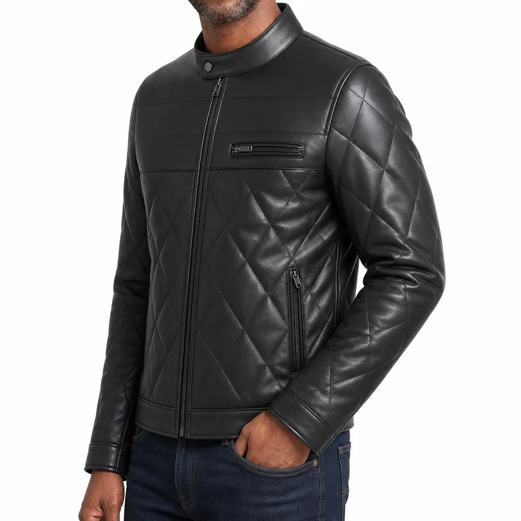 Men's Quilted Zip Jacket with Tab Collar and Chest Pocket - Black