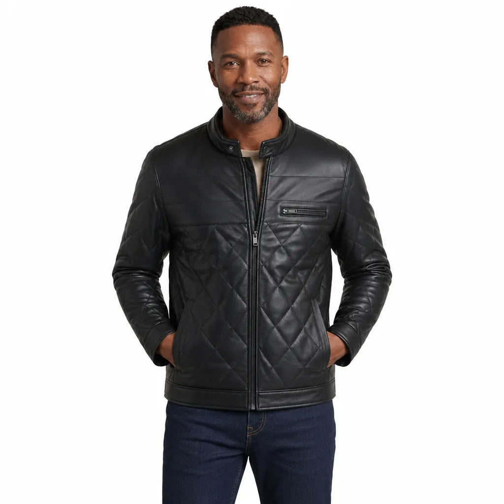 Men's Quilted Zip Jacket with Tab Collar and Chest Pocket - Black