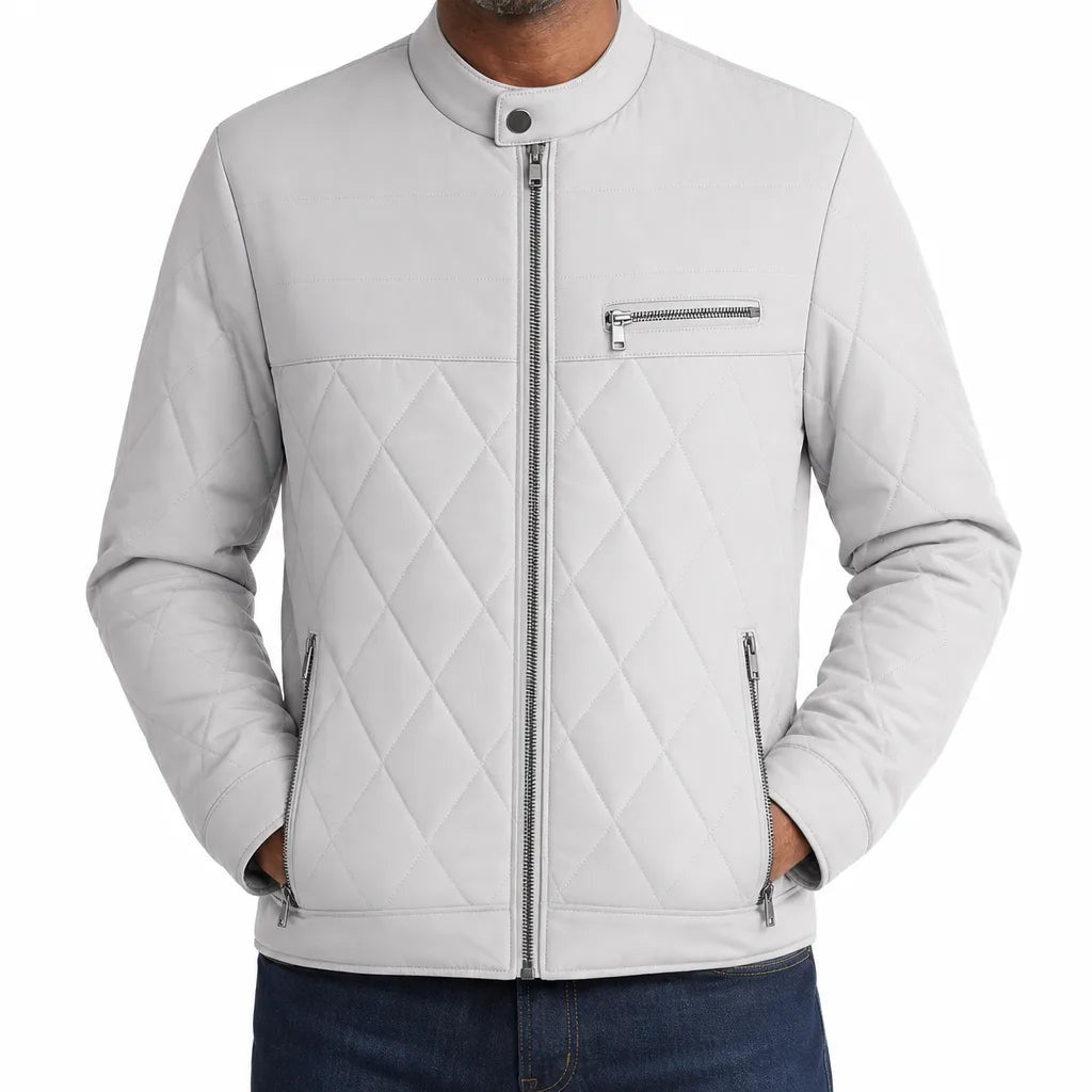 Men's Quilted Zip Jacket with Tab Collar and Chest Pocket - White