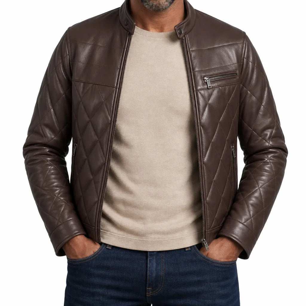 Men's Quilted Zip Jacket with Tab Collar and Chest Pocket - Brown
