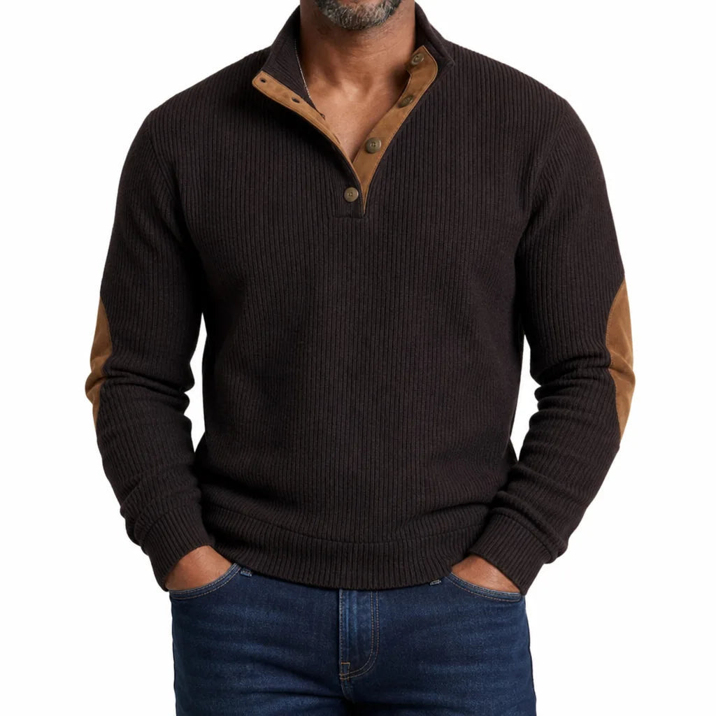 Men's Ribbed Button Neck Sweater with Contrast Placket - Brown