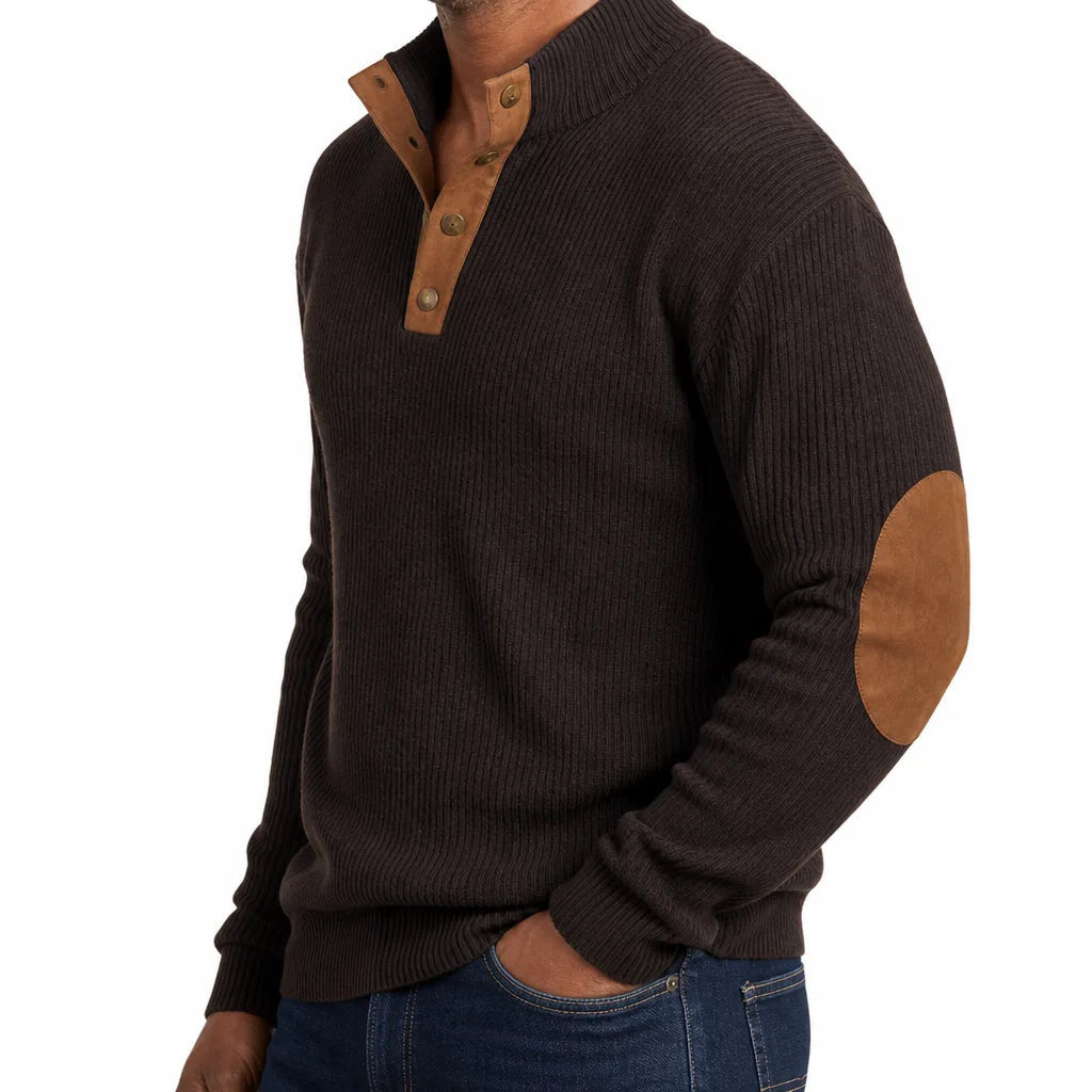 Men's Ribbed Button Neck Sweater with Contrast Placket - Brown