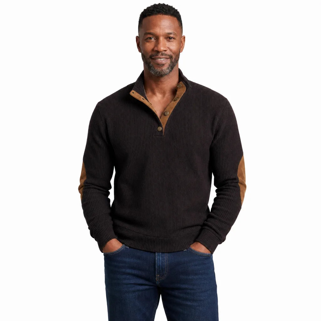 Men's Ribbed Button Neck Sweater with Contrast Placket - Brown