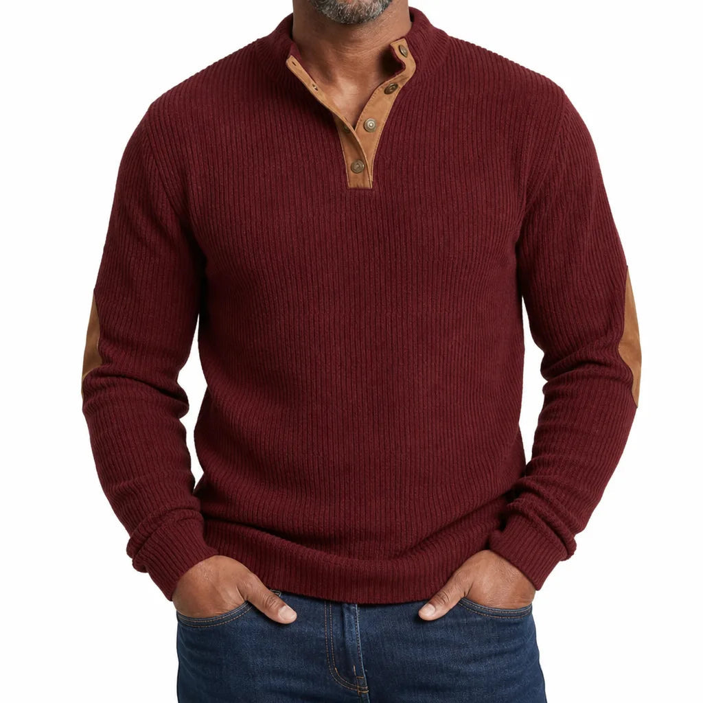Men's Ribbed Button Neck Sweater with Contrast Placket - Red