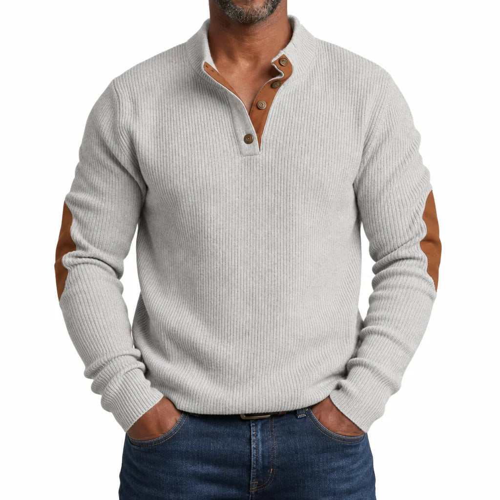 Men's Ribbed Button Neck Sweater with Contrast Placket - Gray