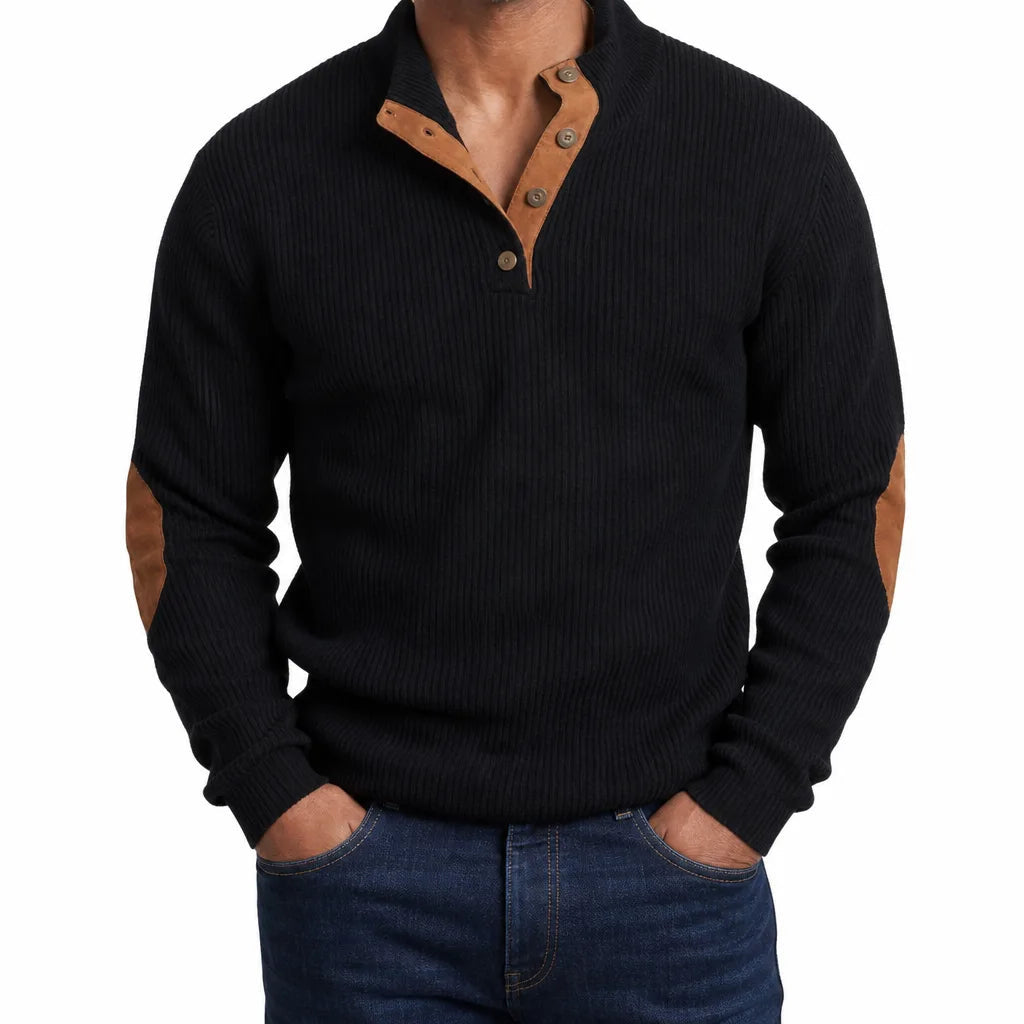 Men's Ribbed Button Neck Sweater with Contrast Placket - Black