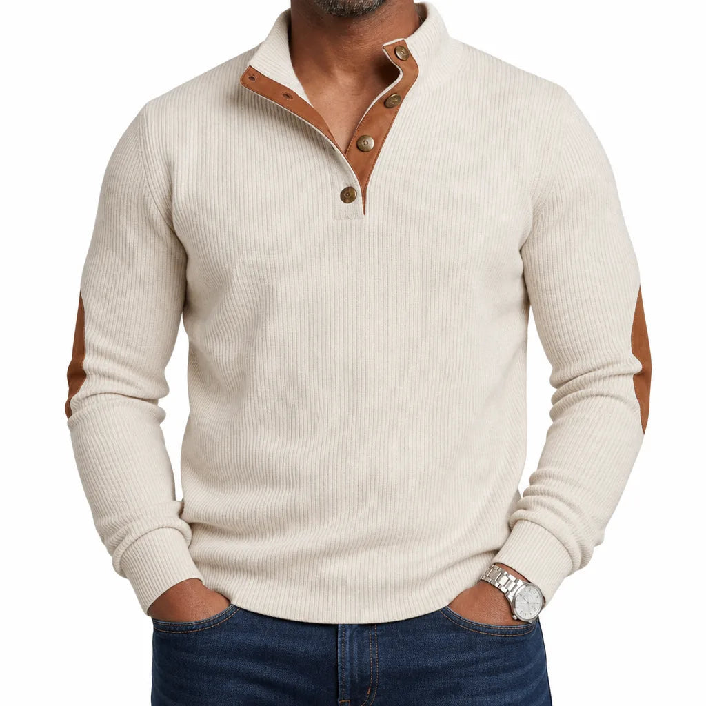 Men's Ribbed Button Neck Sweater with Contrast Placket - Beige
