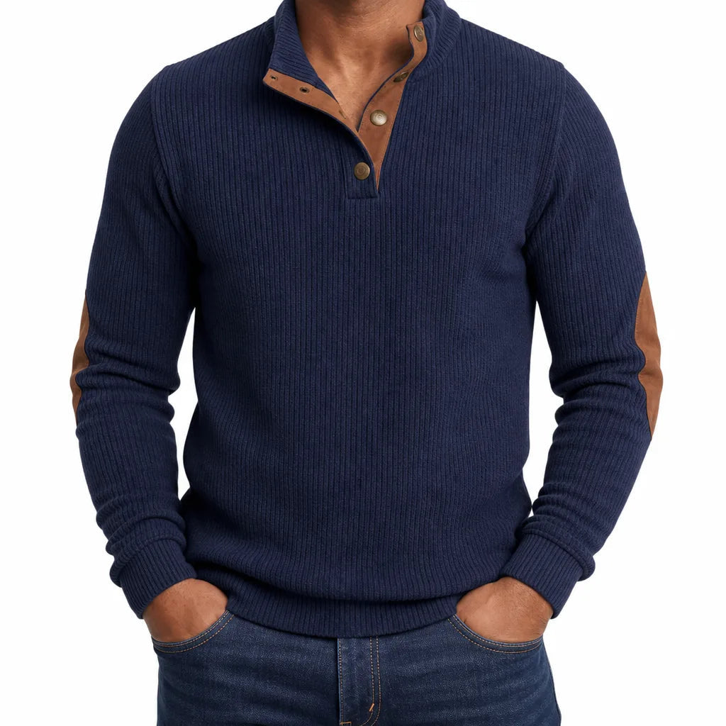 Men's Ribbed Button Neck Sweater with Contrast Placket - Blue