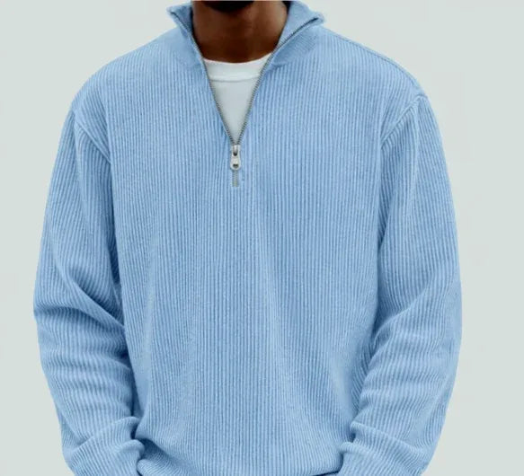 Men's Ribbed Quarter Zip Sweater with Stand Collar - Blue
