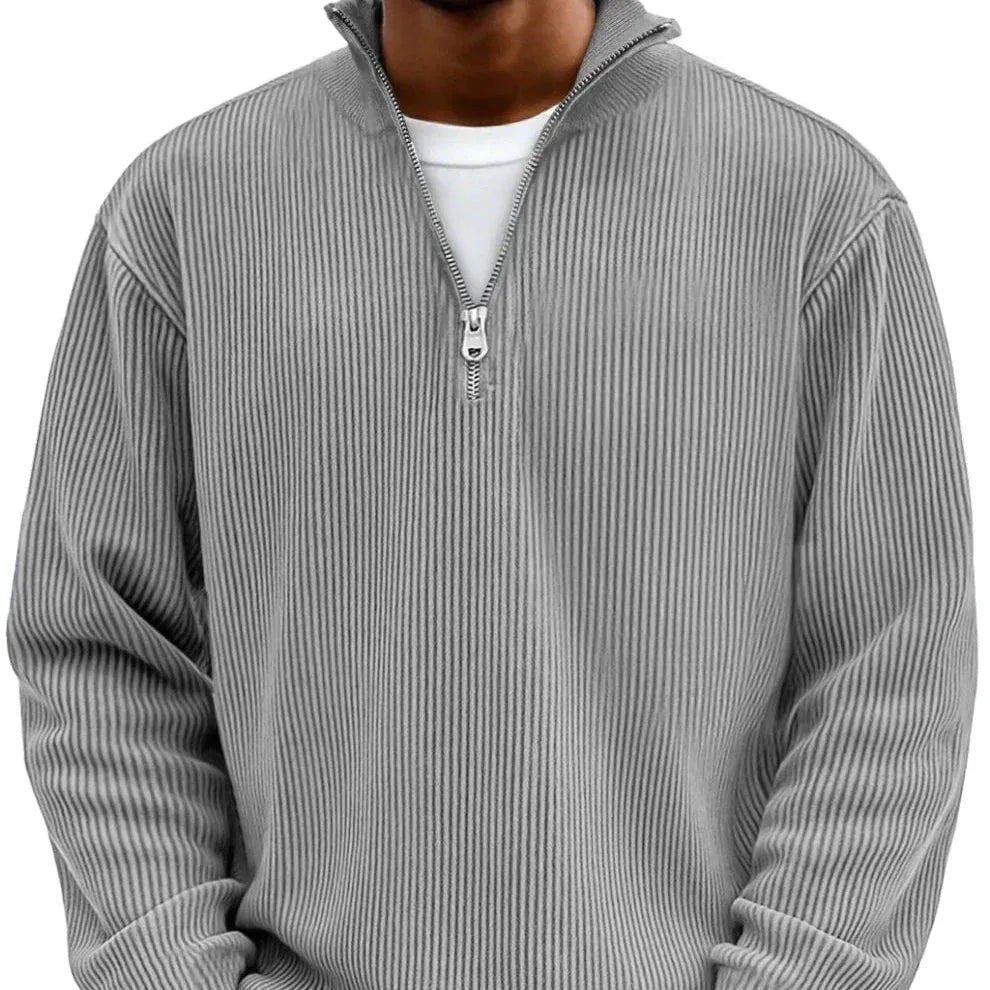 Men's Ribbed Quarter Zip Sweater with Stand Collar - Gray