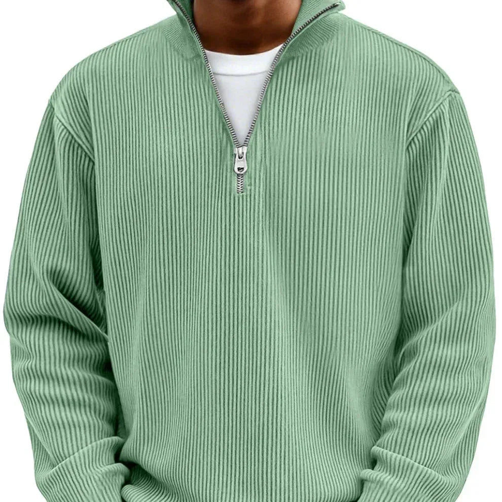 Men's Ribbed Quarter Zip Sweater with Stand Collar - Green