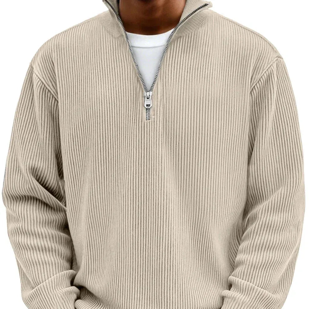 Men's Ribbed Quarter Zip Sweater with Stand Collar - Khaki