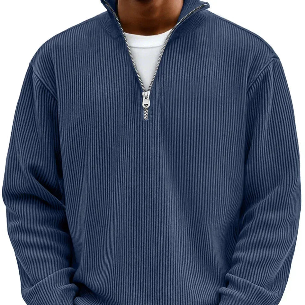 Men's Ribbed Quarter Zip Sweater with Stand Collar - Navy Blue