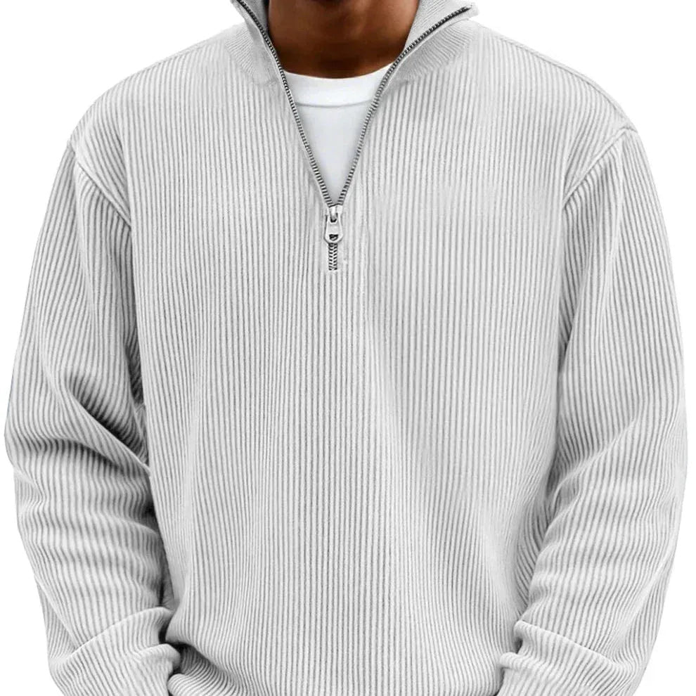 Men's Ribbed Quarter Zip Sweater with Stand Collar - White