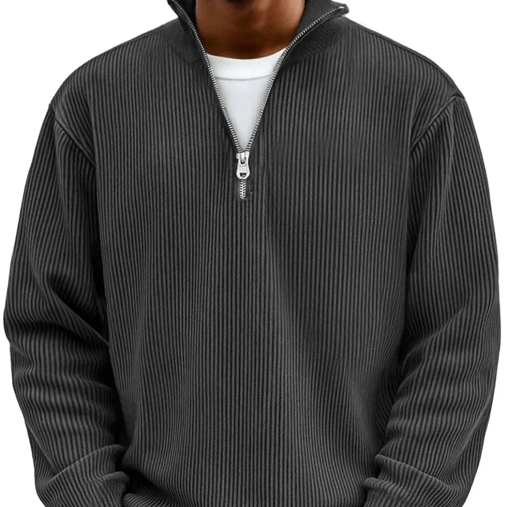 Men's Ribbed Quarter Zip Sweater with Stand Collar - Black