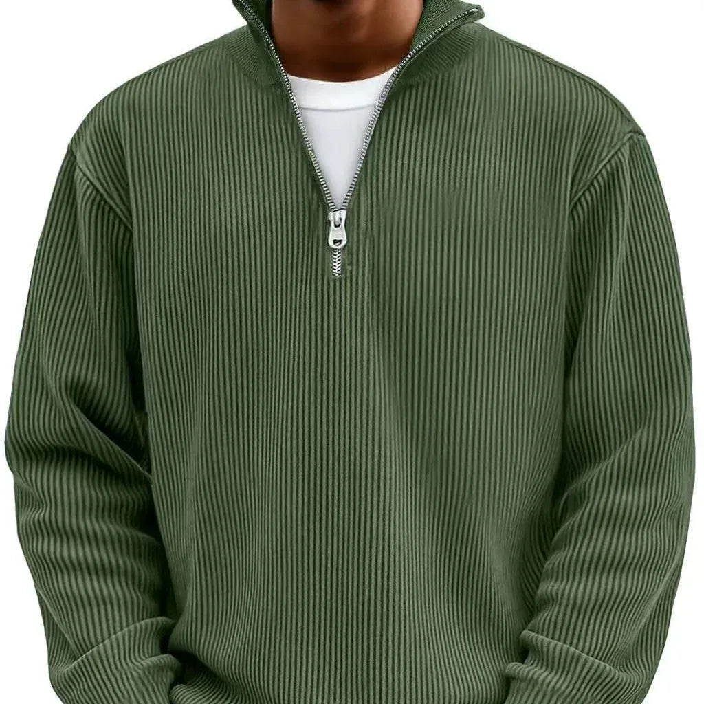 Men's Ribbed Quarter Zip Sweater with Stand Collar - Olive Green