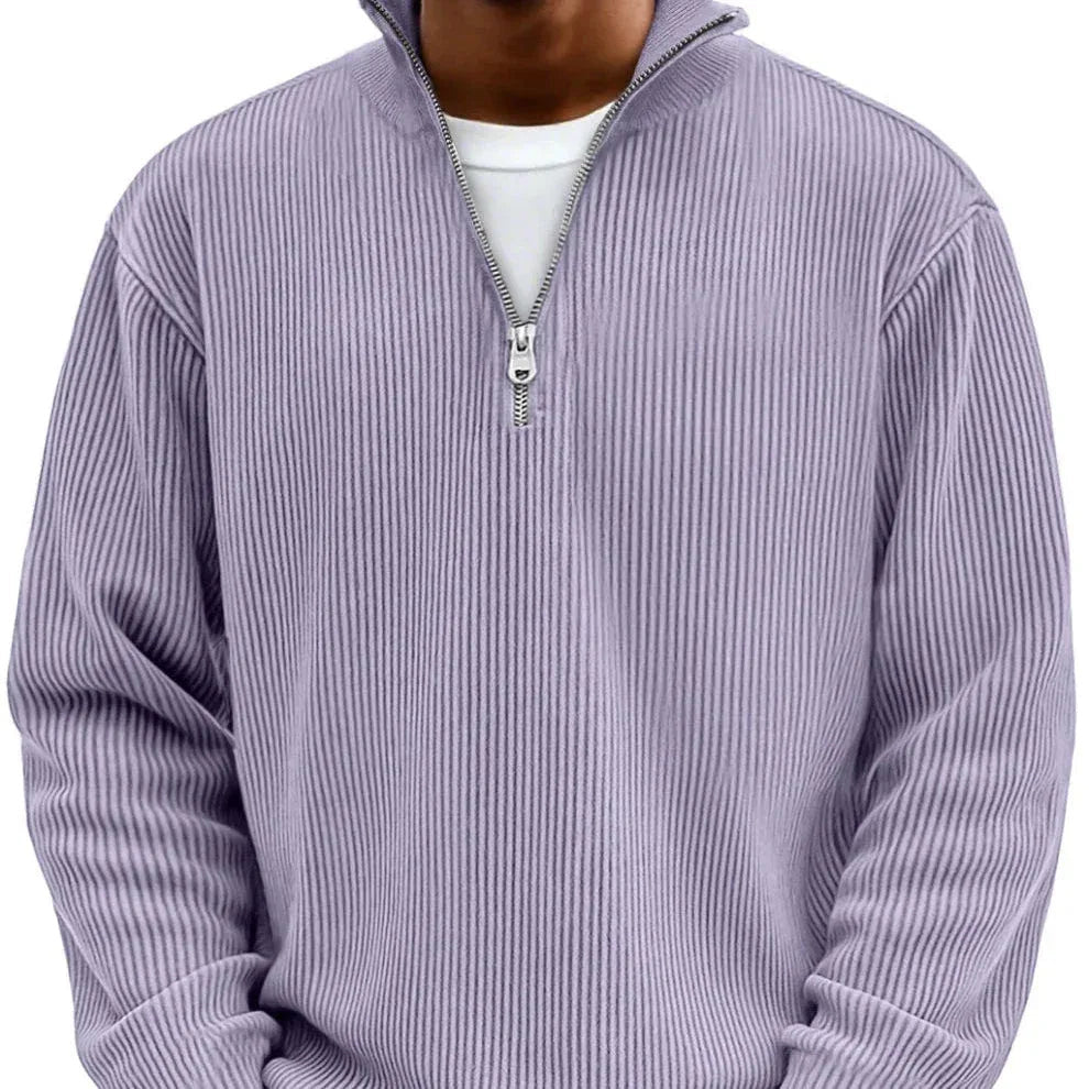 Men's Ribbed Quarter Zip Sweater with Stand Collar - Purple