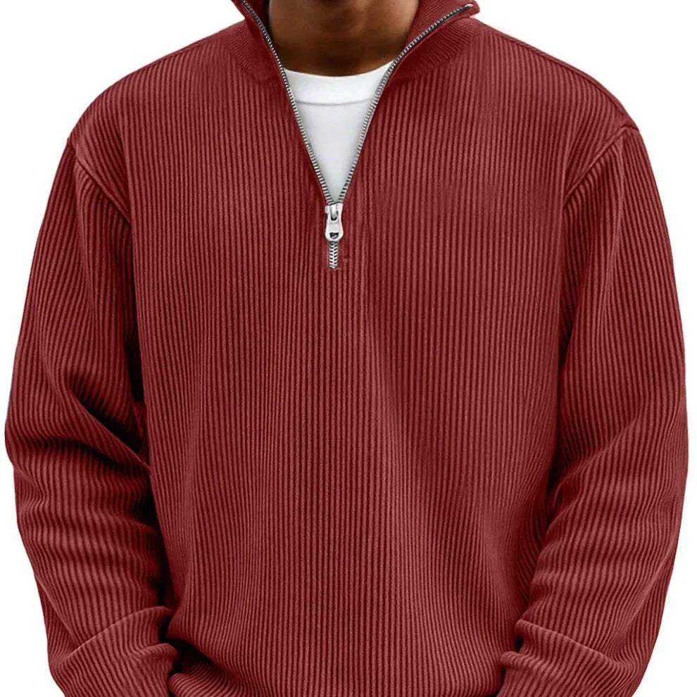 Men's Ribbed Quarter Zip Sweater with Stand Collar - Red