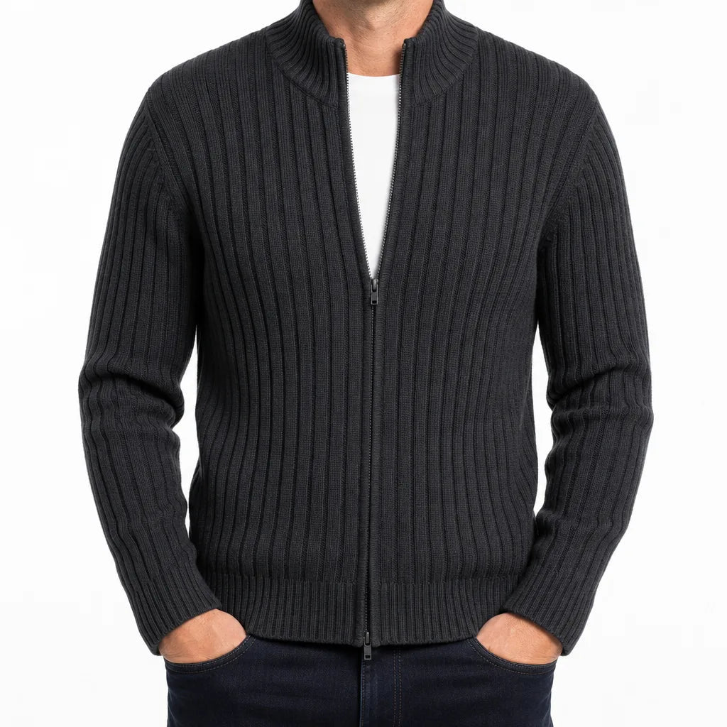 Men's Ribbed Zip Cardigan with Short Stand Collar - Black