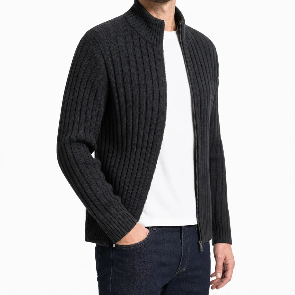 Men's Ribbed Zip Cardigan with Short Stand Collar - Black