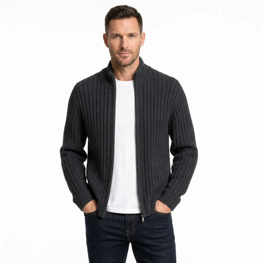 Men's Ribbed Zip Cardigan with Short Stand Collar - Black