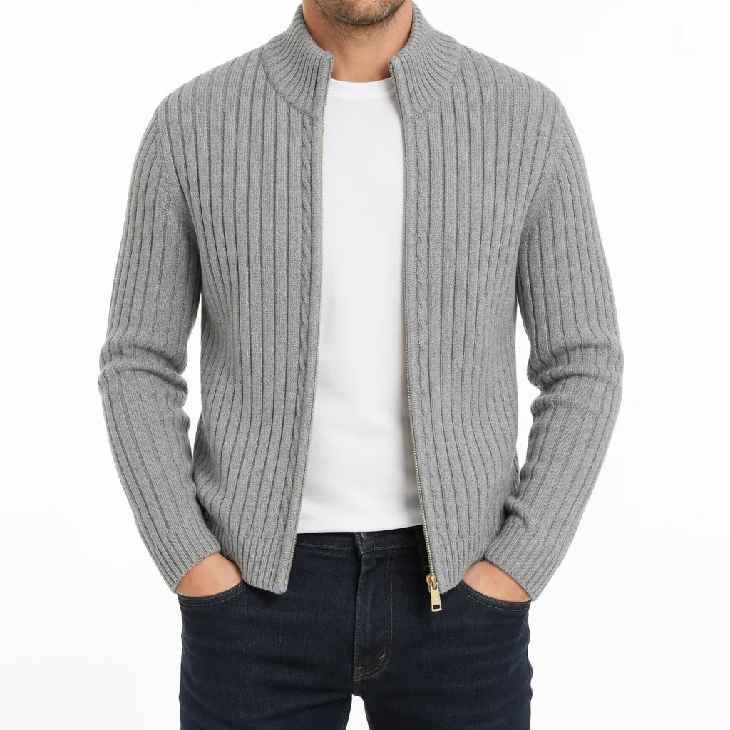 Men's Ribbed Zip Cardigan with Short Stand Collar - Gray