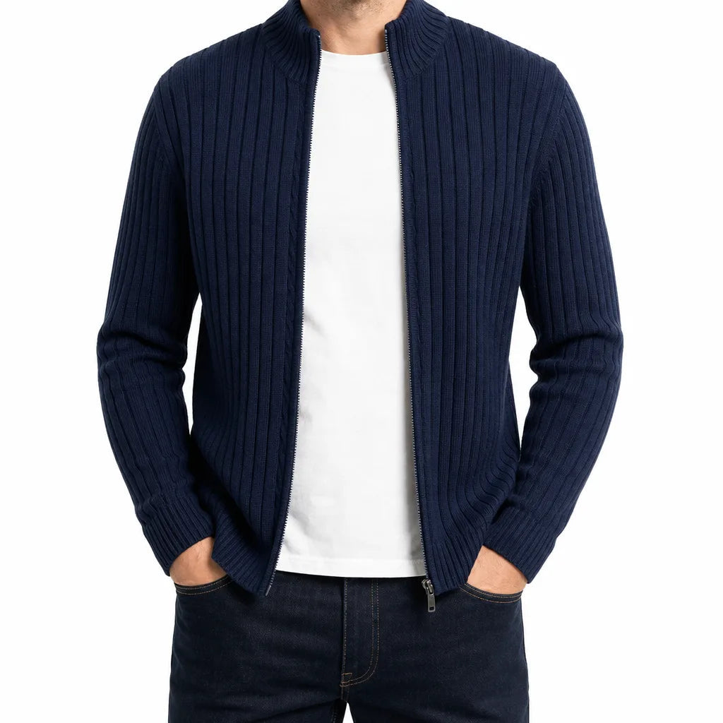 Men's Ribbed Zip Cardigan with Short Stand Collar - Blue