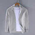 Men's Ribbed Zip Cardigan with Upright Collar Detail - Light Gray