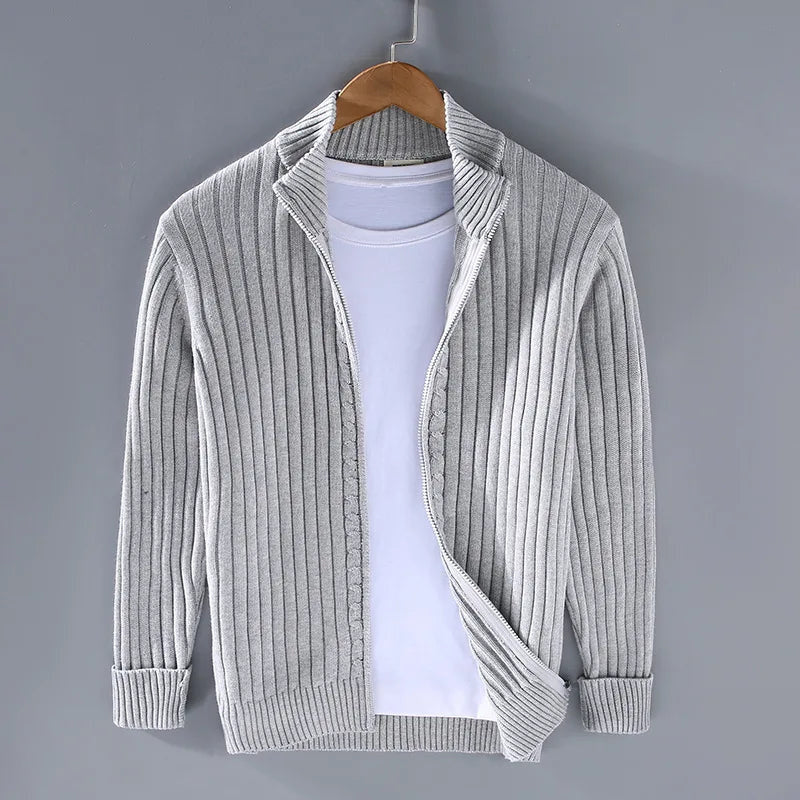 Men's Ribbed Zip Cardigan with Upright Collar Detail - Light Gray