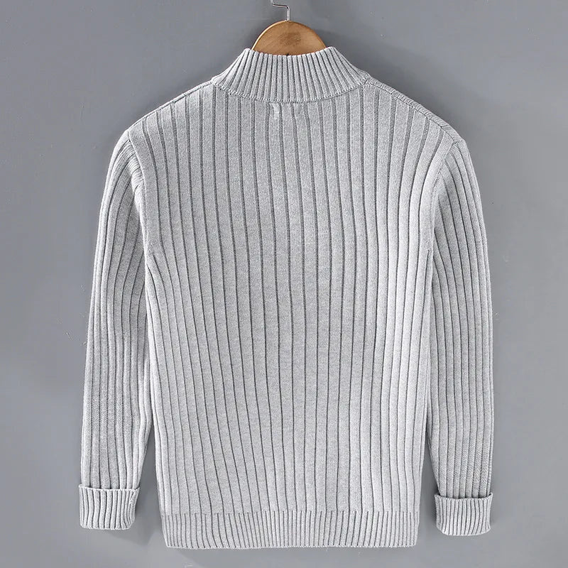 Men's Ribbed Zip Cardigan with Upright Collar Detail - Light Gray