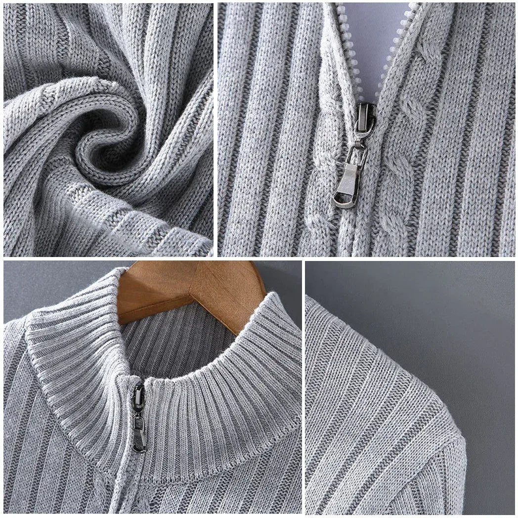 Men's Ribbed Zip Cardigan with Upright Collar Detail - Light Gray